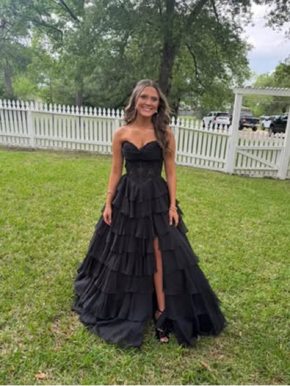 Strapless Black Tiered Ruffle Prom Gown with Front Slit